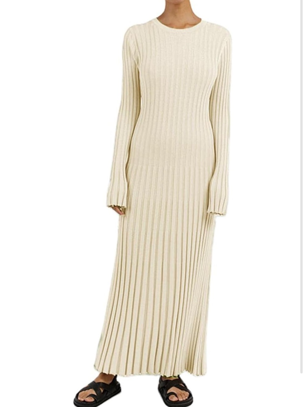 Women’s Cream Ribbed Knit Long Sleeve Maxi Dress